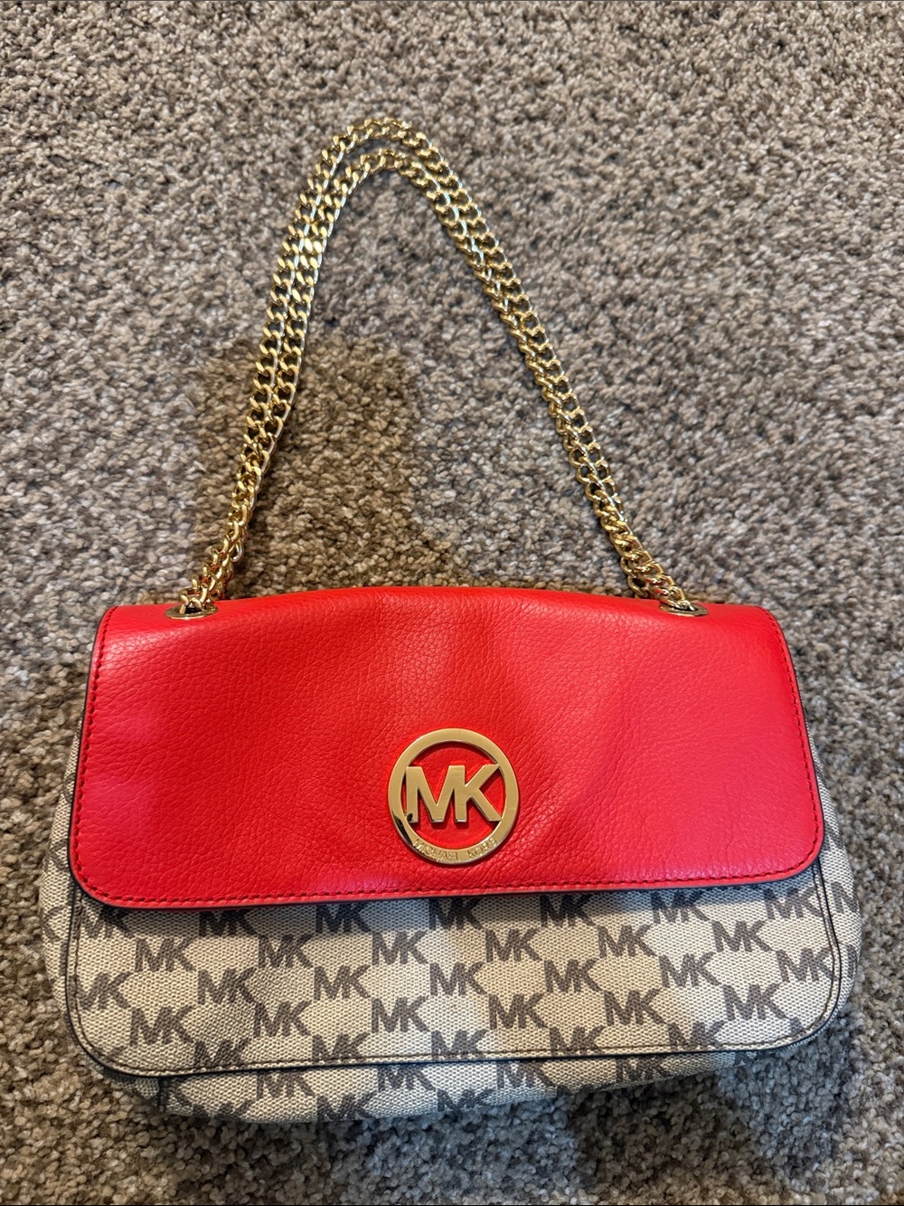Michael Kors Red Leather Flap Monogram Shoulder Bag with Gold Hardware